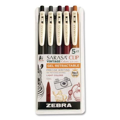 Sarasa Clip Gel Pen, Retractable, Fine 0.5 Mm, Assorted Vintage Light Ink And Barrel Colors, 5/pack