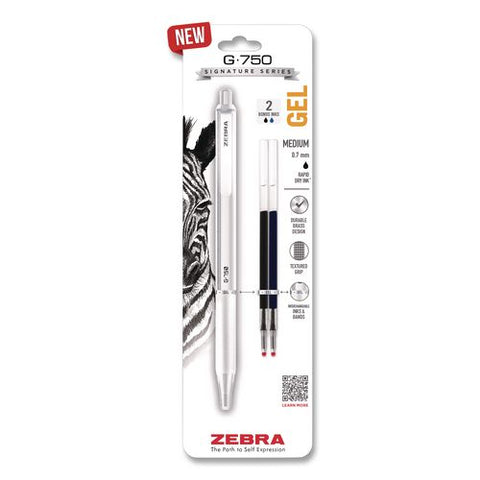 G-750 Gel Pen With Black And Blue Ink Refills, Retractable, Medium 0.7 Mm, Black Ink, White Barrel