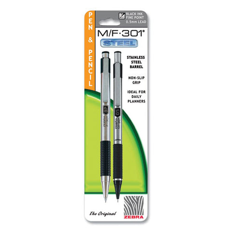 M/f 301 Stainless Steel Retractable Pen And Pencil Set, 0.7 Mm Black Pen, 0.5 Mm Hb Pencil, Stainless Steel Barrels