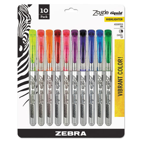 Zazzle Liquid Ink Highlighter, Assorted Ink Colors, Chisel Tip, Assorted Barrel Colors, 10/set